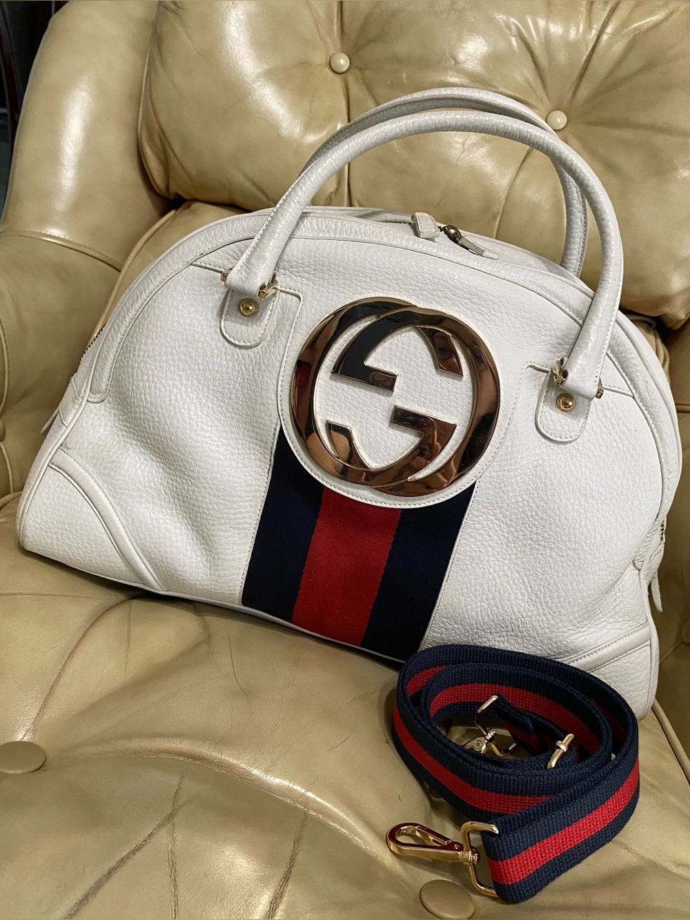 RARE Gucci XL Blondie Travel Bag Dome Satchel Web Stripe Pebble Leather